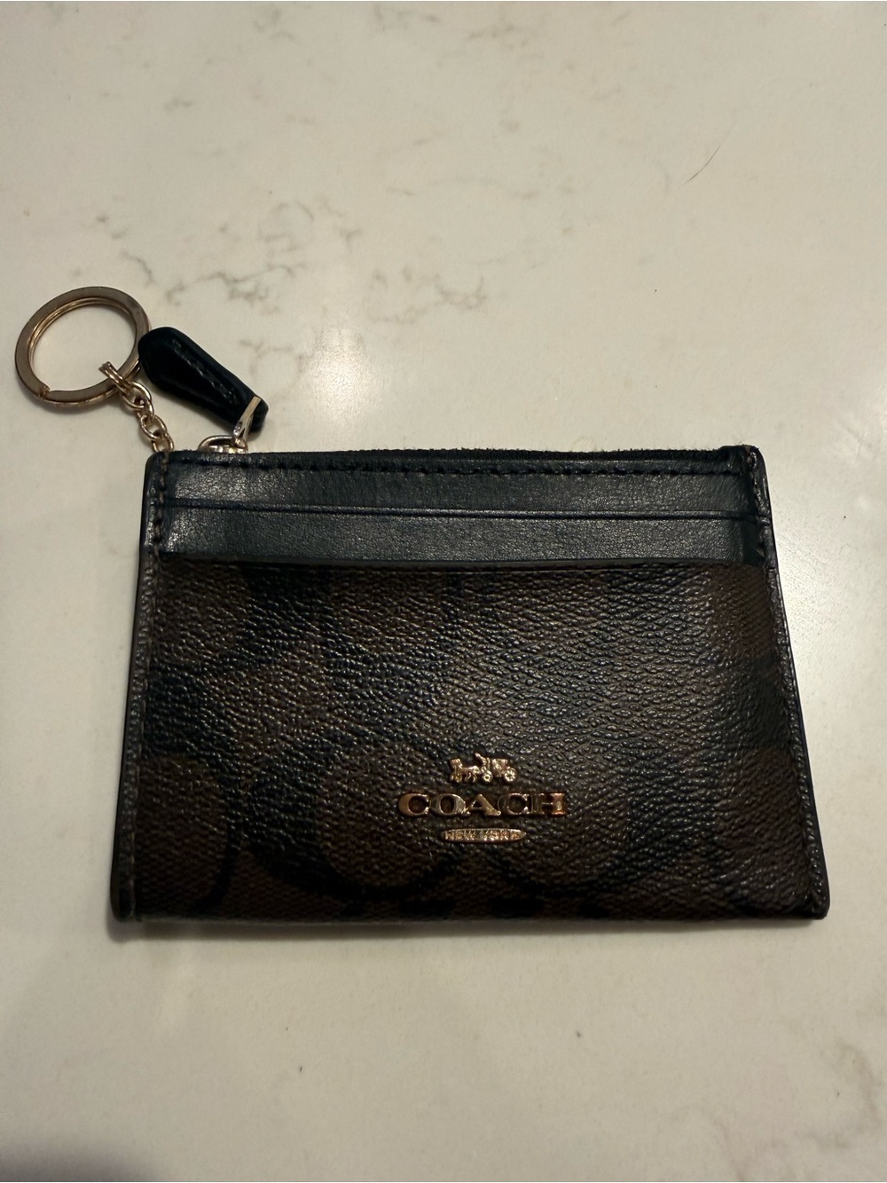 Coach Brown Signature Canvas Card Case with Black Leather Trim & Keyring